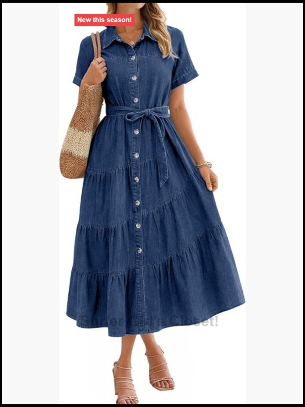 Women's Denim Shirt Dress Midi A-Line Short Sleeve Button Front Belted Summer